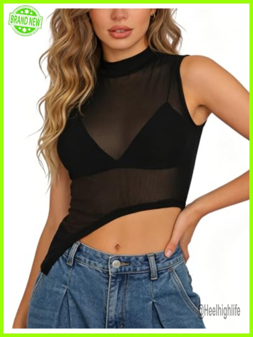Sheer Mesh Mock Neck Tank Top Sleeveless Asymmetrical Hem Crop Top Y2K Club